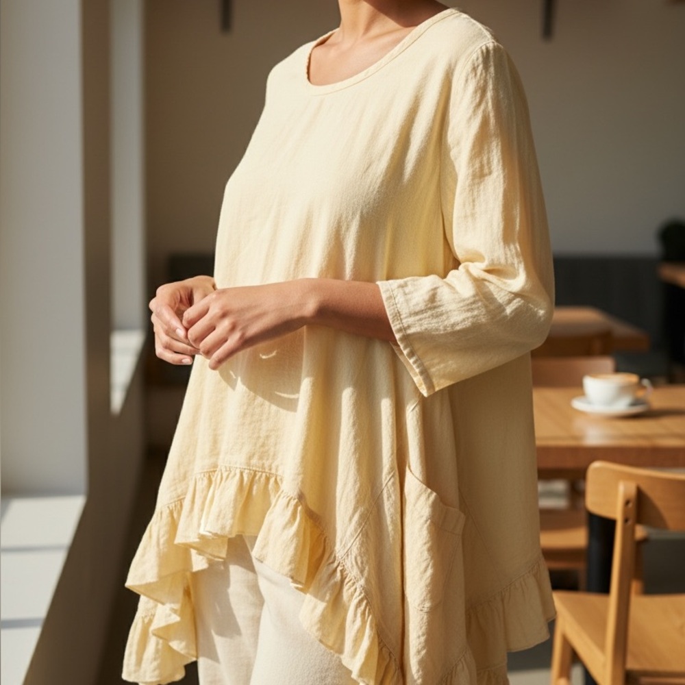 Heart's Desire by Mary Grace Linen 3/4 Sleeve Butterfly Top in Yellow Size Large